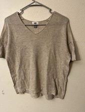 Women’s Beige Knit V-Neck Short Sleeve Relaxed Fit Pullover T-Shirt. picture