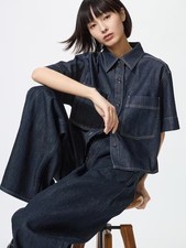 UNIQLO Denim Boxy Shirt S-3XL Short Half-Sleeve 100% Cotton Women 483877 NWT picture