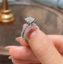 2.20Ctw Princess Cut Moissanite Bridal Set Engagement Ring 14k White Gold Plated picture