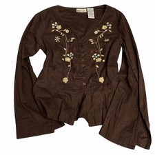 Y2K Faded Glory Women’s Brown Floral Embroidery Button Up Blouse Bell Sleeves S picture