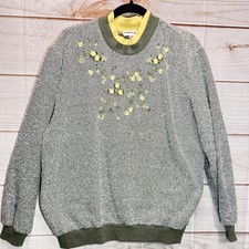 BonWorth Vintage Floral Embroidered Sweatshirt Gray Yellow Green Rosebud Top picture