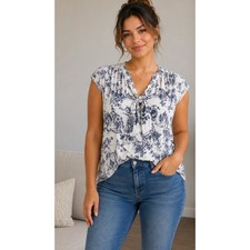 Fab'rik Blue White Toile de Jouy Blouse Tie Neck Cap Sleeve Top Womens Medium picture