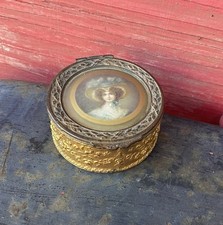 Antique French Ormolu Hand Painted Bronze Vanity Trinket Box picture