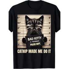 Funny Cat Mugshot Made Me Do It Graphic T-Shirt Pet Lover Humor Tee picture