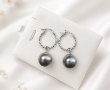Grey Round Tahitian Pearl Sterling Silver Hoop Dangle Drop Latch Back Earrings picture