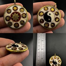 Vintage Celestial Yin Yang Sun Star Amulet Pendant Brass Bone Inlay Talisman picture