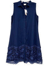 CHICO'S Women's Sz 00 NWT Navy Blue Sleeveless Embroidered Lace Hem Shift Dress picture
