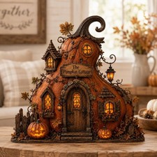 Custom Pumpkin Cottage Wooden Block, Halloween House Decor, Rustic Fall Tabletop picture