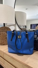 Anne Klein Blue Tote Bag Saffiano Faux Leather Black Straps Gold Lion Logo Purse picture