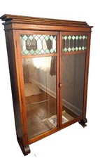 Antique Oak Larkin Bookcase / China Cabinet With Green Slag Glass Doors picture