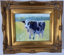 Original Impressionist Oil Painting - The curious Cow - Gold Frame picture