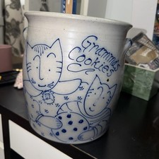1996 DAVID ELDRETH Glazed Blue Gramma's Cookies  Crock Signed 9 3/4 X 7.5 picture