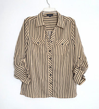 Elementz Women’s Beige Black Striped Blouse Roll Tab Sleeve Pockets picture