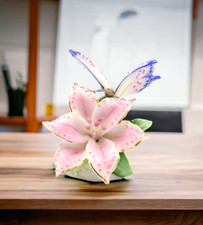 Ceramic Glittering Butterfly and Lily Flower in Bloom Figurine, Home Décor, Gift picture