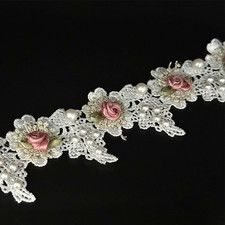1 Yard Vintage White Pearl Beads Rose Flowers Embroidered Lace Edge Trim Fabric picture