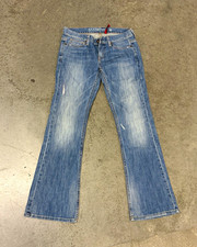 Vintage GUESS Jeans Daredevil Sz 28 Flare Bootcut Low Rise Distressed Y2K Denim picture