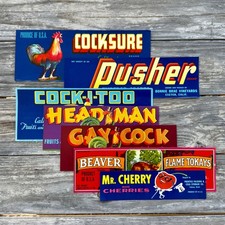 7 Original X-Rated 1940s CRATE LABEL Lot GAY COCK Beaver HEADMAN Labels PRIDE picture