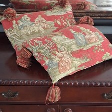 TWO Vintage Red Tapestry Throw Pillow Tassels Renaissance Aubusson French Style picture