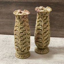 Vintage Pier 1 Soapstone Columnar Vases Carved Green Pink Floral Set of Two 6