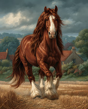Chestnut Draft Horse Running Golden Farm Field Print - 582196661 picture