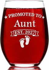 Promoted to Aunt Est 2027, 15oz Stemless Wine Glass, Pregnancy Announcement, Fir picture