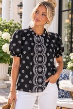 LOFT Embroidered Peasant Blouse L Black White Boho Floral Eyelet picture
