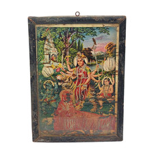 Vintage Goddess Durga Litho Print: Sacred Hindu Art in Wooden Frame Collectible picture