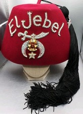 El Jebel Fez Shriners Cap Red Felt Black Tassel Leather Interior Rim jewel Pins picture