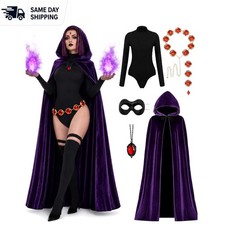 Complete 6-Piece Women's Raven Costume - Cloak, Bodysuit & Red Gem Accessories picture