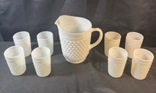 VTG Hobnail Milk Glass Pitcher and 9 Glasses Anchor Hocking MCM picture