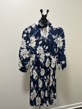 Girls Navy Floral Long Sleeve Pleated Midi Dress Youth 12-15 Ruffle Mock Neck picture