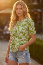 Cato Ruched Mesh Palm Print Short Slv Top Size 14/16 W Lime Green Tropical picture