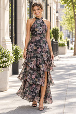 Lulus Size M Forever Exceptional Black Floral Organza Halter Tiered Maxi Dress picture