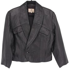Vintage Carlo Palazzi Italy Womens Black Leather Cropped Moto Jacket Size 42 picture