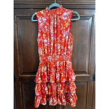 1.STATE Red Floral Smocked Neck Tiered Ruffle Mini Dress Medium picture