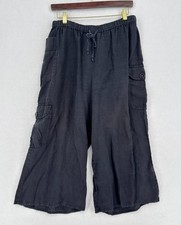 FLAX Washed Black Woven Linen Relaxed Wide Leg Drawstring Cargo Crop Pants Sz S picture