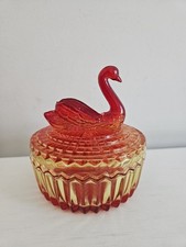 Vintage Jeannette Amberina Swan Covered Powder Dish Trinket Box Lipstick Holder picture
