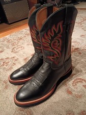 JUSTIN TEKNO CREPE BLACK COWHIDE LEATHER R TOE ROPER COWBOY BOOTS 5031 MENS 10.5 picture