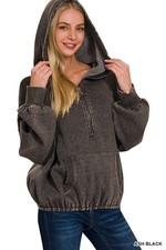 ZENANA ASH BLACK WASHED DRAWSTRING HEM HALF ZIP KANGAROO HOODIE SWEATSHIRT 4559 picture
