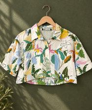 ZARA Women’s Floral Print Cropped Button Up Shirt Short Sleeve White Yellow picture