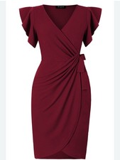oten Women's Deep V Neck Flutter Sleeve Faux Wrap Dress Size XL Burgundy NWT picture