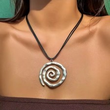 Boho Spiral Swirl Pendant Necklace – Silver Tone Statement Jewelry on Black Cord picture