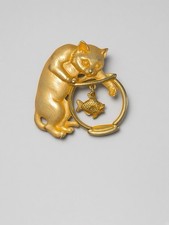 Vintage J.J. Jonette Jewelry Gold Tone Cat & Fish Bowl Brooch Pin picture