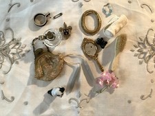 Antique French Fashion Doll Accessory Doll Brush Comb Mirror Dog Lamp Purse Pin picture