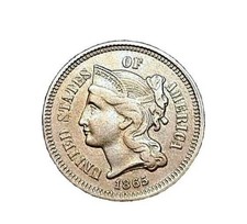 1865 AU 3 Cent Nickel has Full Liberty & Pillars CIVIL WAR ERA picture
