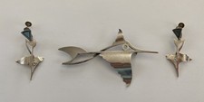 Salvador Teran Vintage Taxco Mexico Sterling Silver Fish Brooch Pin and Earrings picture