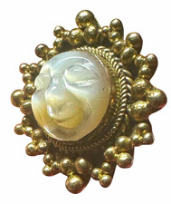 Balinese Carved Mother of Pearl Moon Face Vintage Pendant, Sterling Silver 925  picture