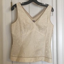 Ann Taylor Cream Floral Jacquard Sleeveless Silk Blend V-Neck Top Tan Trim 6 picture