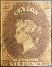 Ceylon QV Stamp 1857 SG6 6d purple brown, good used, close margins, Cat £170 picture