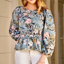Spartina 449 Women's XL June Peplum Blouse Maritime Floral Long Sleeve Top picture